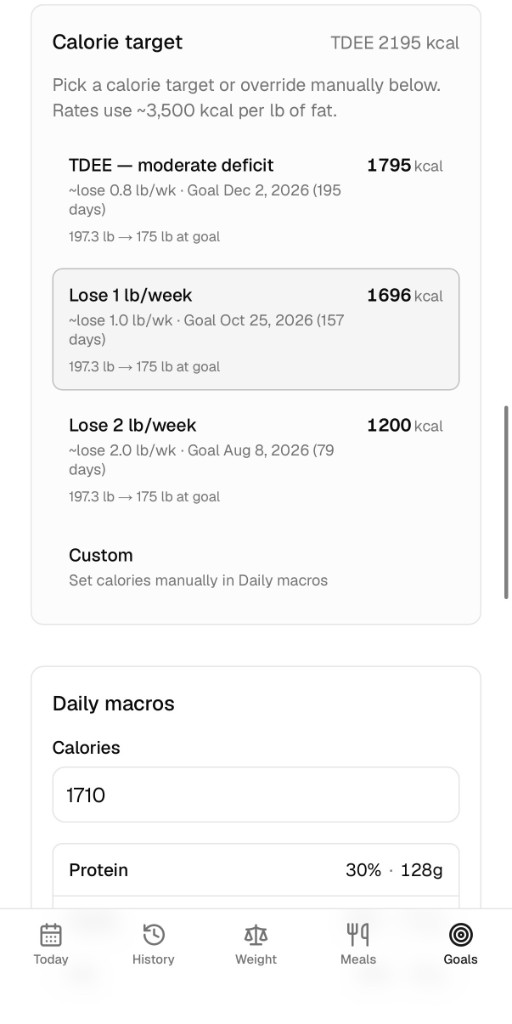 Calorie target picker with weekly loss rates