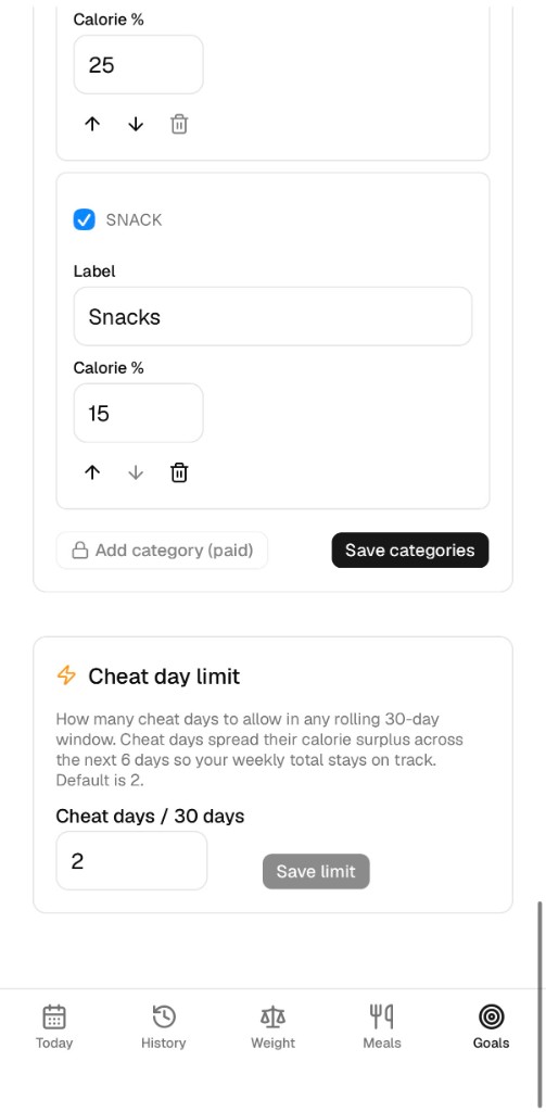 Cheat day limit settings