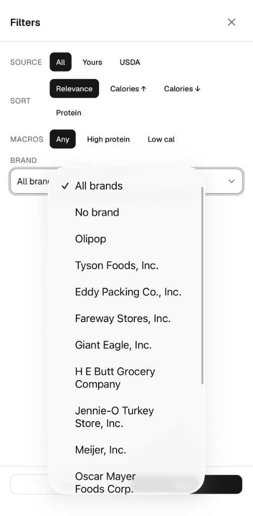 Food search filters with USDA source selected