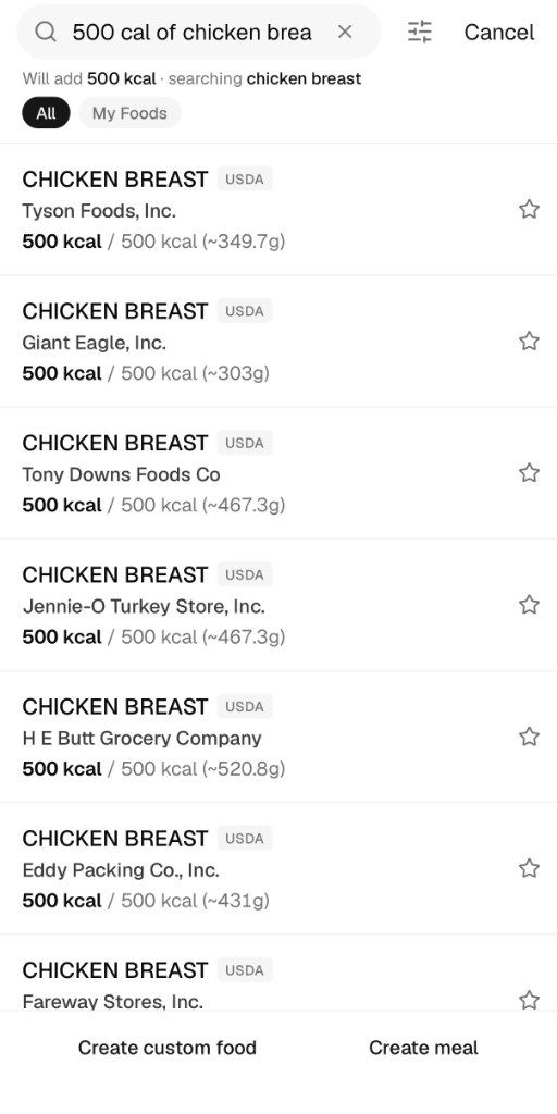 Search by calorie target with USDA results