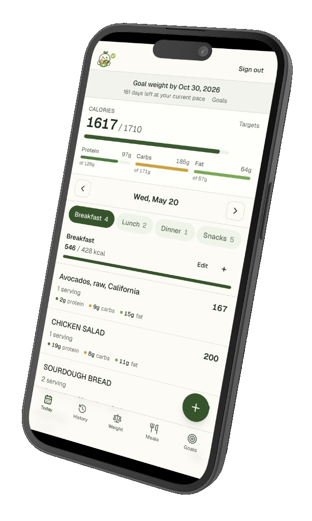 tabemate Today view with calorie and macro progress
