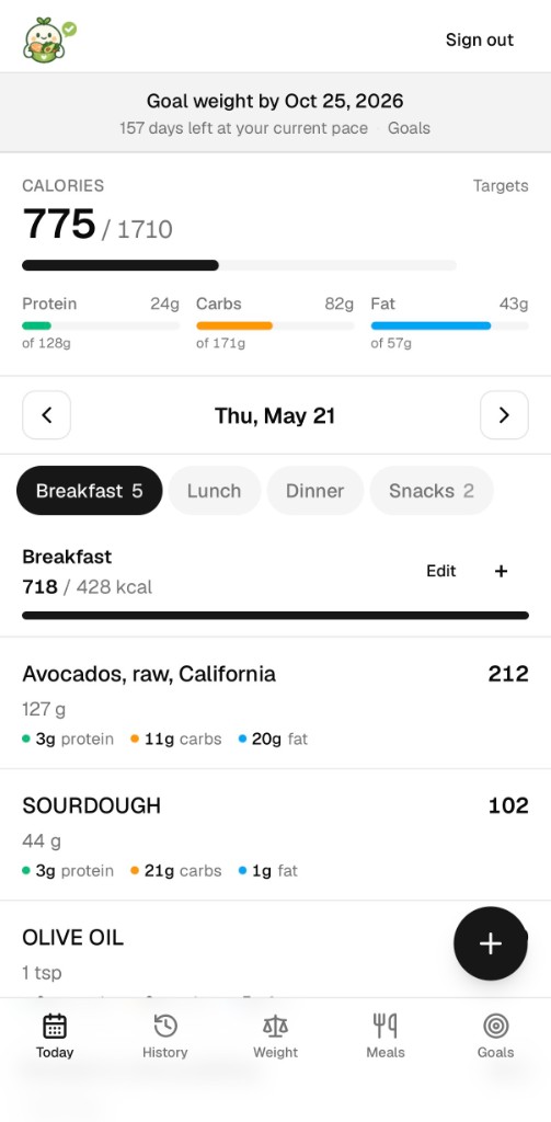 tabemate Today view with calorie and macro progress